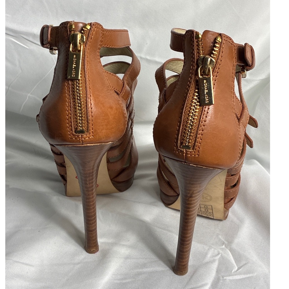 Michael Kors Tan Leather Strappy Gladiator Platform Heels Brown Gold Buckle 9.5M - Picture 2 of 10